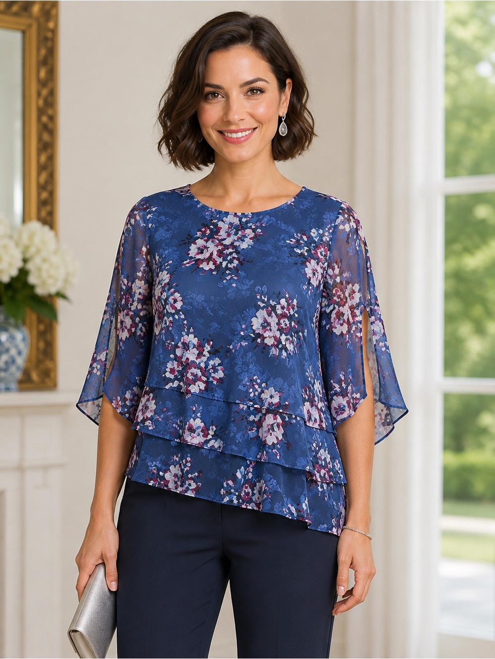 Alex Evenings Petite Blue Floral Chiffon Asymmetric Tiered Blouse Size Small SP